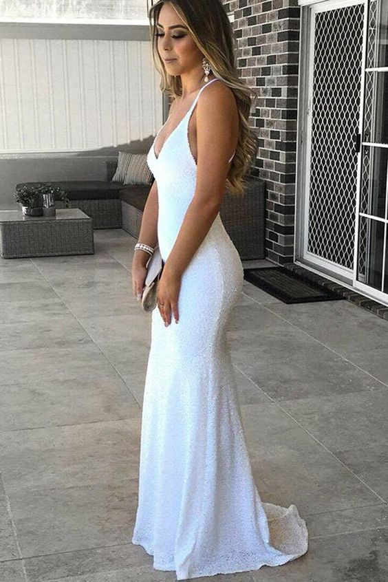 White Sequin Deep V Neck Backless Long Mermaid Prom Dresses Formal Evening Party Dress    cg15400