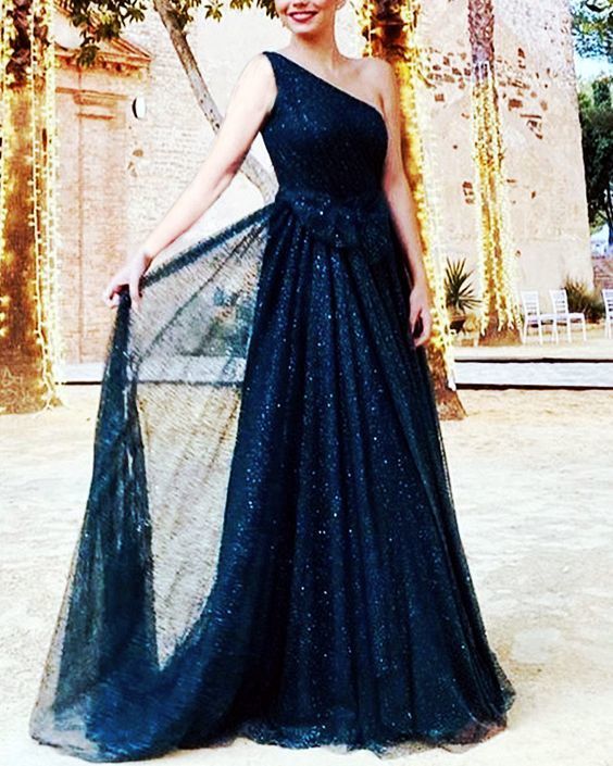 Navy blue glitter tulle prom dresses one shoulder floor length evening gown with sparkles    cg15424