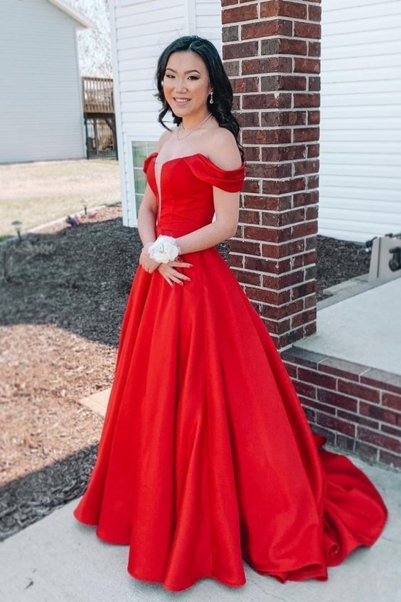 Off the Shoulder Red Long Ball Gown prom dress with Pockets,   cg15438