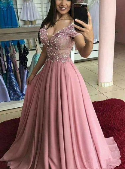 A-Line Pink Chiffon Off the Shoulder Appliques Prom Dress    cg15449