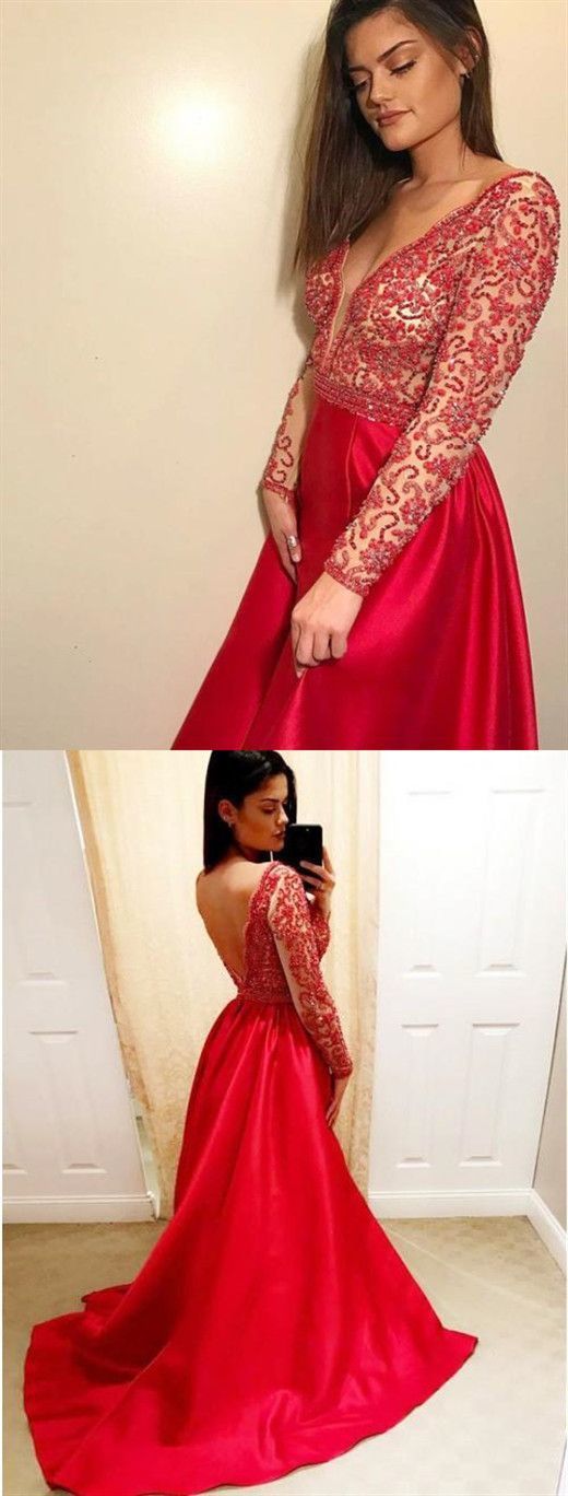Red V Neck Long Sleeve Beaded Prom Dresses   cg15463