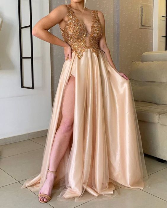 Elegant Tulle Prom Dresses Lace Beaded Leg Split   cg15476