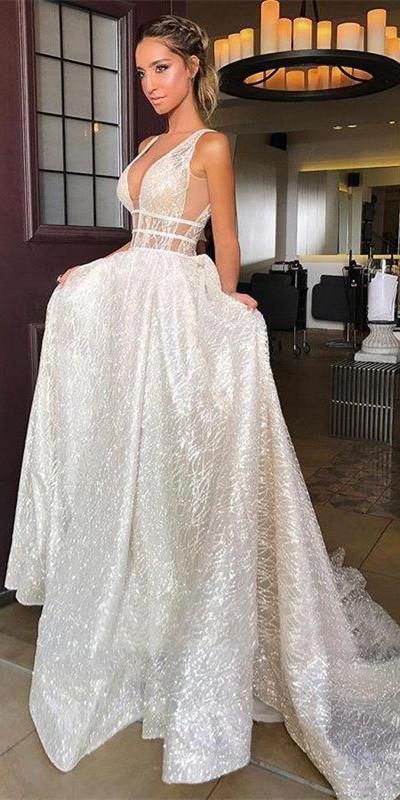 V-neck Sequin Tulle Wedding prom Gown   cg15490