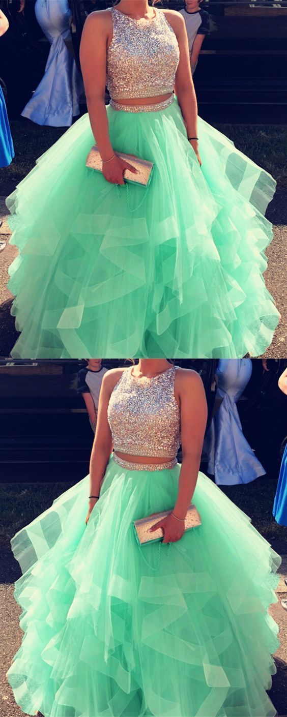 Sparkly Sequins Beaded Organza Layered Ball Gowns Prom Dresses Two Piece     cg15496