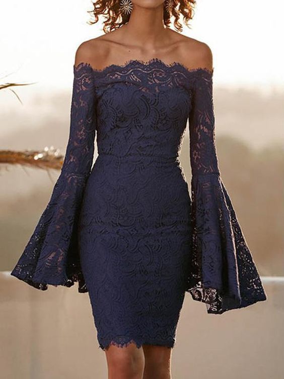 Sexy Lace Flared Sleeves Bodycon Off-the-shoulder Midi Dress Homecoming Dress    cg15506