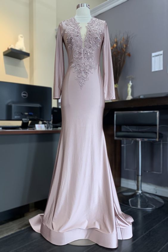 Long Sleeves Satin V-Neckline Mermaid Long Prom Dress   cg15527