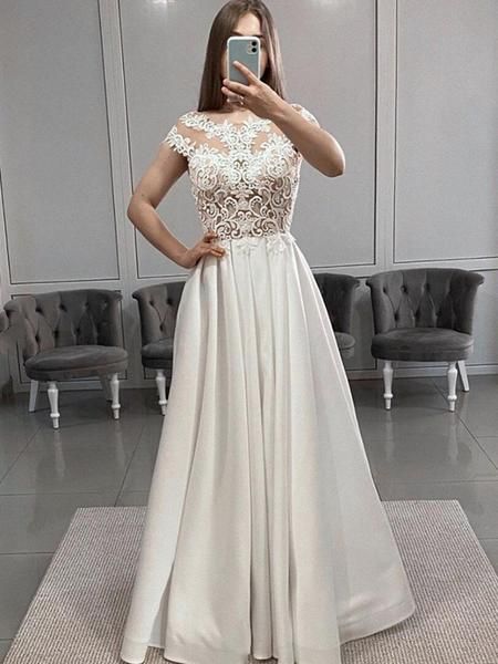 Cap Sleeves White Lace Long Prom Dresses with Slit   cg15548