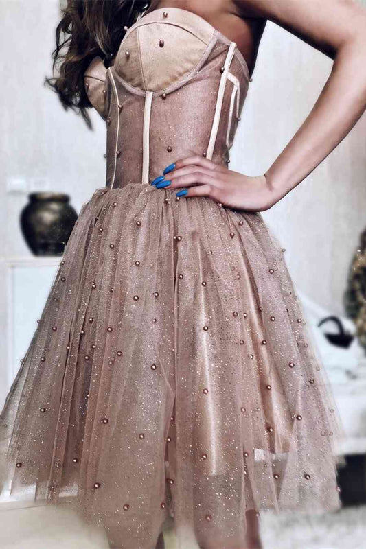 Sparkly Beaded Strapless Dusty Rose Homecoming Dress   cg15549