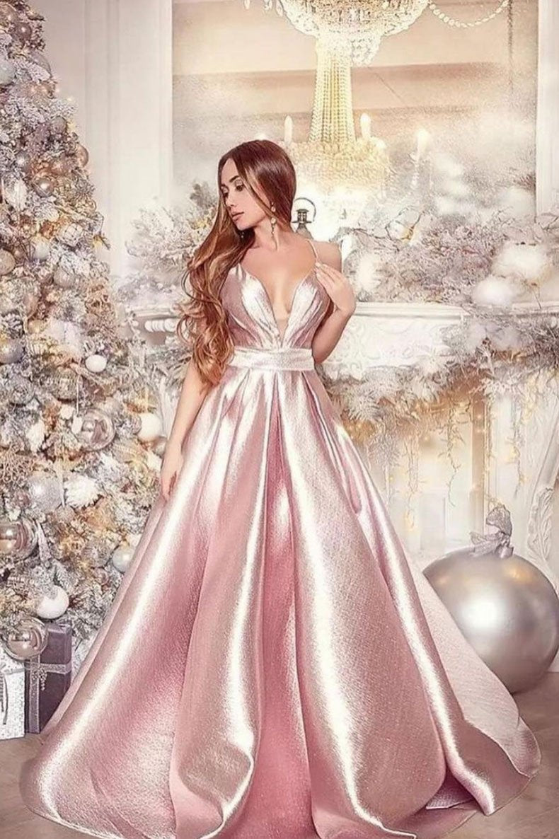 Simple v neck pink satin long prom dress pink evening dress   cg15571