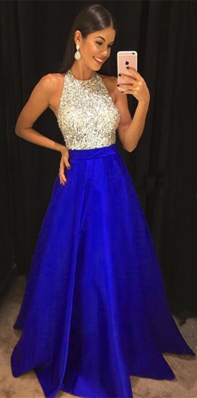 Royal Blue Prom Dresses 2021 Sequins Beaded Halter Satin Ball Gowns Floor Length   cg15604