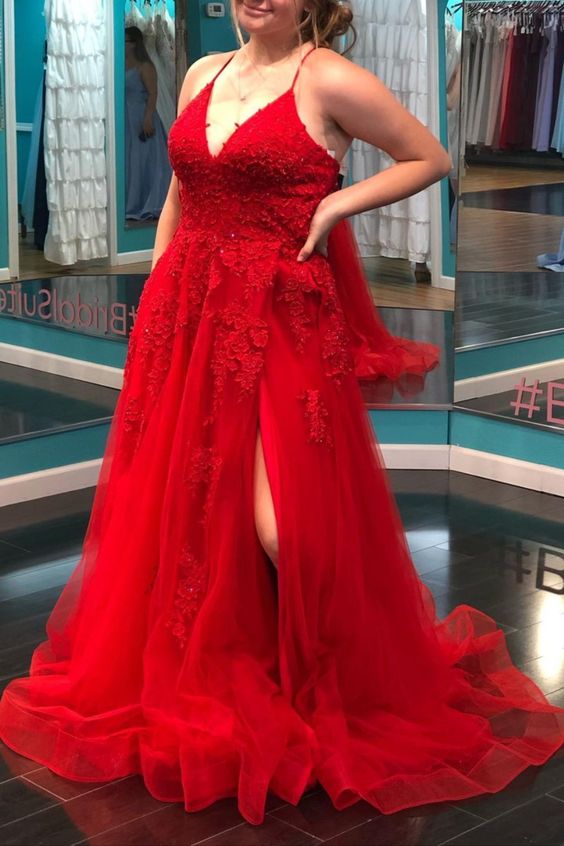 A-line red tulle and lace appliqued long plus size formal dress prom dress   cg15662