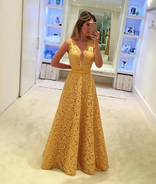 A-line V Neck Yellow Prom Dress, Lace Prom Dress   cg15704