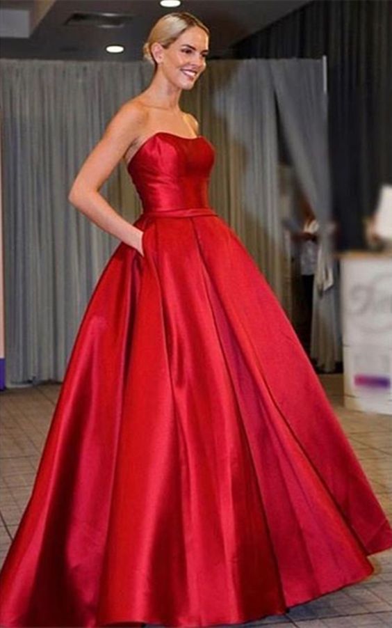 fashion Long Prom Dress red satin pocket strapless long evening party dress     cg15721