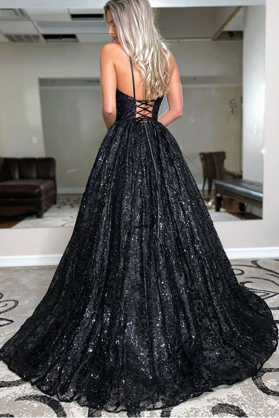 A Line V Neck Spaghetti Straps Black Sequins Prom/Evening Dresses   cg15730