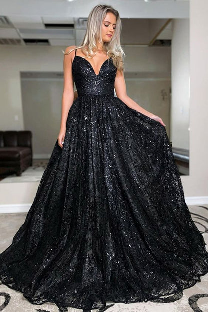 A Line V Neck Spaghetti Straps Black Sequins Prom/Evening Dresses   cg15730