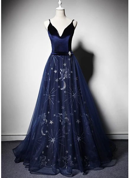 Beautiful Navy Blue Straps Velvet Long Prom Dress, Tulle Blue Evening Gown   cg15778