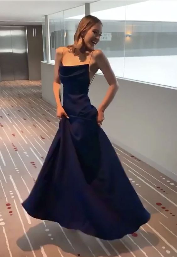 Navy Blue Spaghetti Straps Sheath Full Length Formal Gown,Blue Prom Dress Evening Gown   cg15785