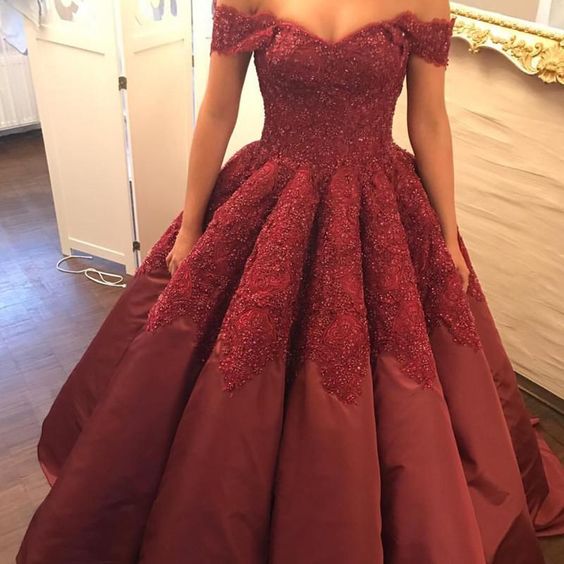 prom dress Burgundy Taffeta Wedding Ball Gown Dresses Lace Off The Shoulder   cg15790