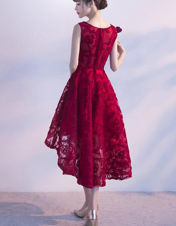 Wine Red Lace High Low Charming Formal Dress, Junior Party Dress, Cute Prom Dress    cg15812
