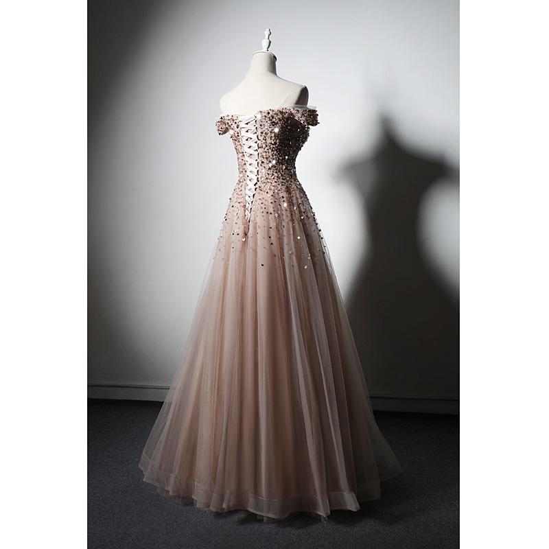 Sparkle Champagne Tulle Long Prom Gown, Off Shoulder Sequins Party Dress    cg15813