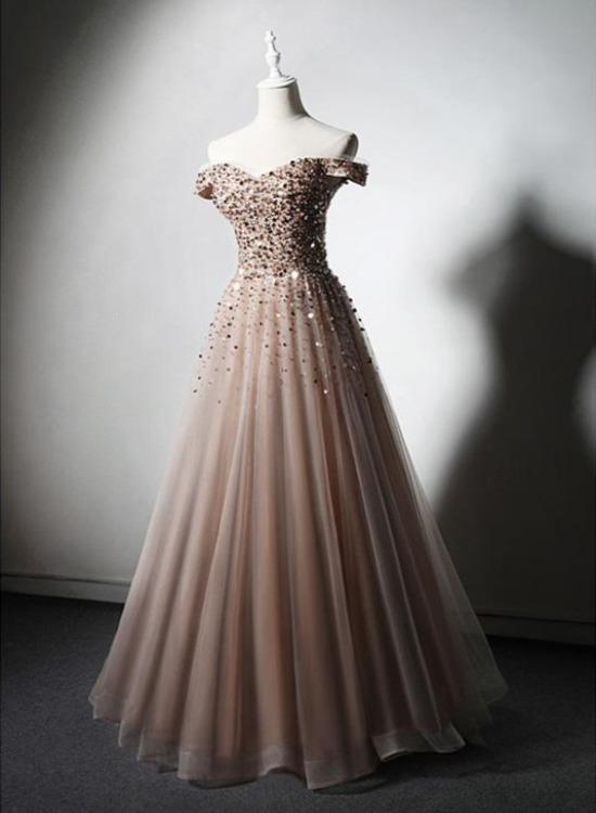 Sparkle Champagne Tulle Long Prom Gown, Off Shoulder Sequins Party Dress    cg15813
