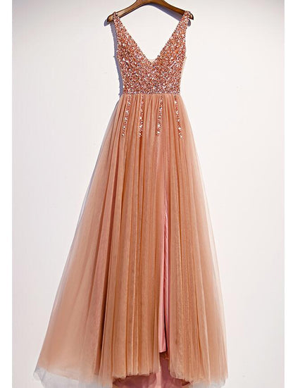 Pearl Pink Beaded Slit V-Neckline Long Junior Prom Dress, Pink Evening Dress    cg15814