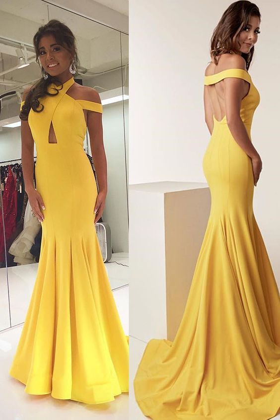 Elegant ,Mermaid ,Yellow,Halter,Backless, Long Prom Dress, Evening Dress,   cg15829