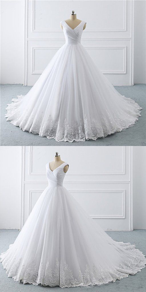 Unique White Lace V Neck Puffy Sweep Train Wedding Dress, Lace Formal Prom Dress   cg15912