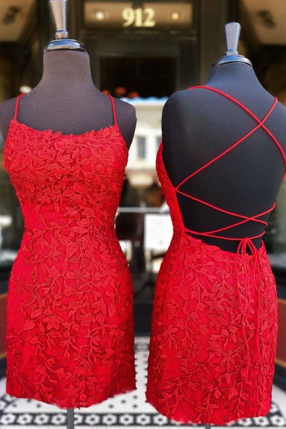 tight red lace straps party dress with lace up back Homecoming Dress    cg15990