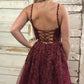 Burgundy V Neck Backless Lace Long Prom Dress,   cg16015