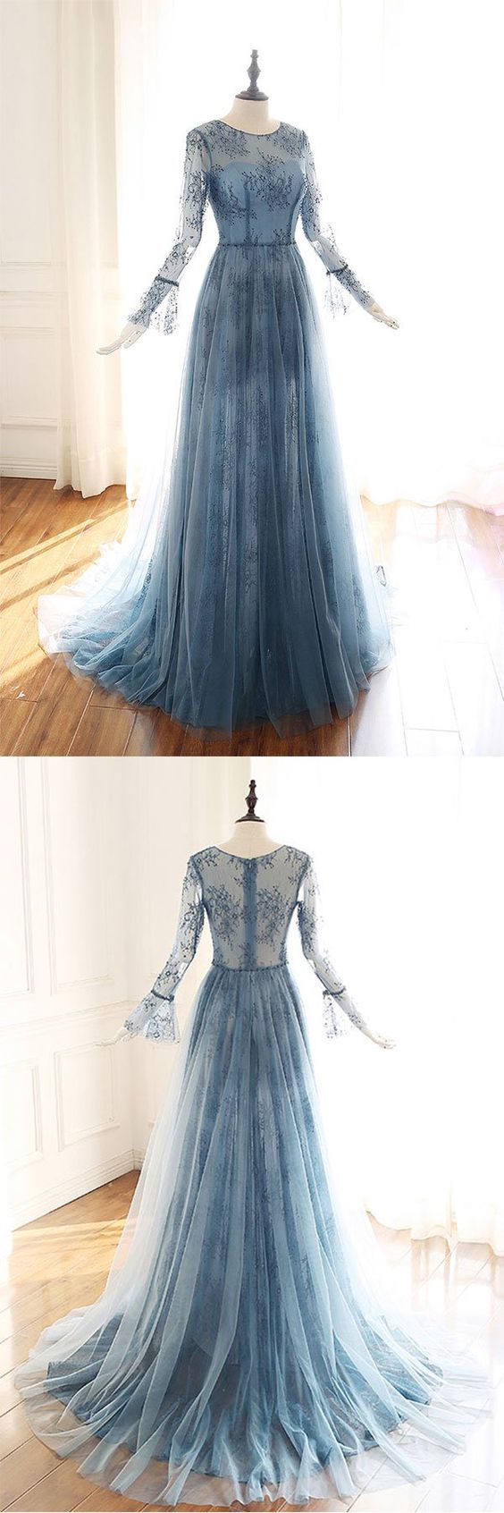 Blue tulle lace Long sleeve prom dress, blue bridesmaid dress cg1602
