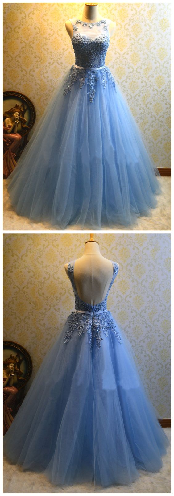 Ball Gown Blue Prom Dress,Tulle Appliques Prom Dresses,Long Quinceanera Dresses   cg16021