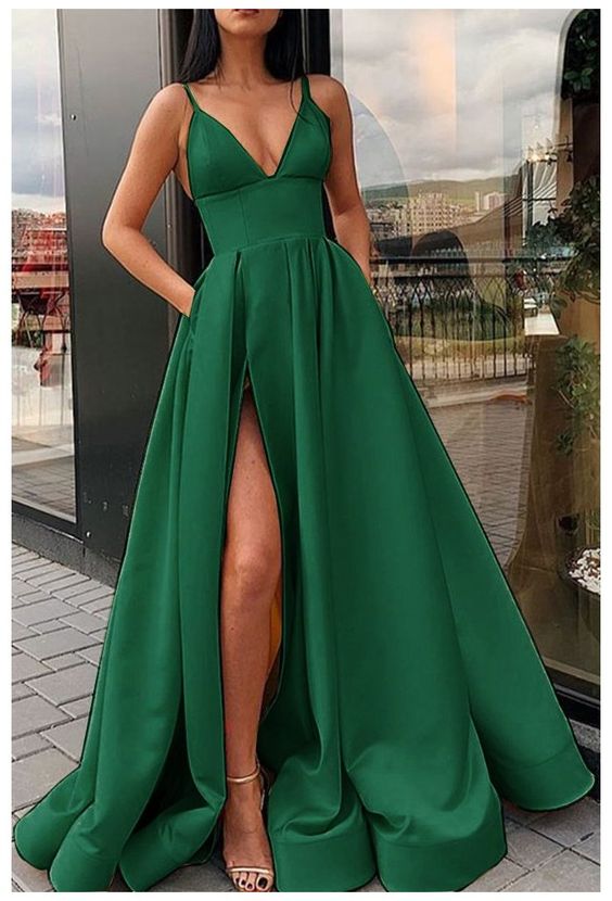 emerald green prom dress long with slit    cg16030