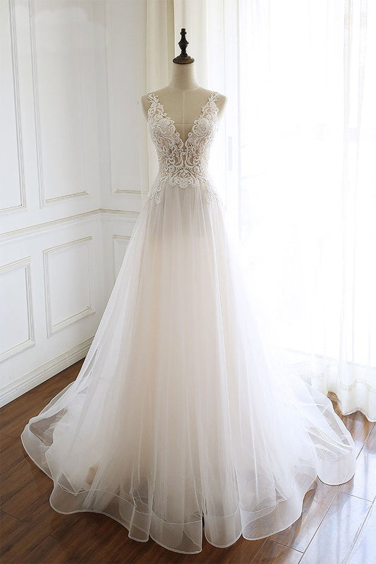 WHITE V NECK TULLE LACE LONG PROM DRESS, WHITE TULLE EVENING DRESS cg1605