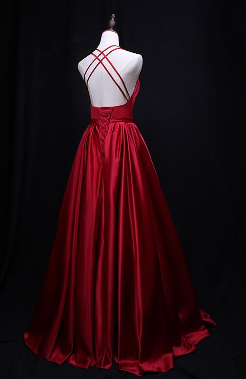 Red Satin V-Neckline Floor Length Junior Prom Dress, Party Dress With Bow   cg16080
