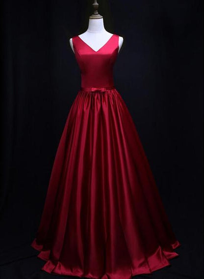Red Satin V-Neckline Floor Length Junior Prom Dress, Party Dress With Bow   cg16080