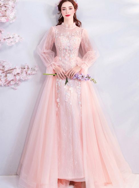 Pink Tulle Long Sleeve Appliques Prom Dress   cg16107