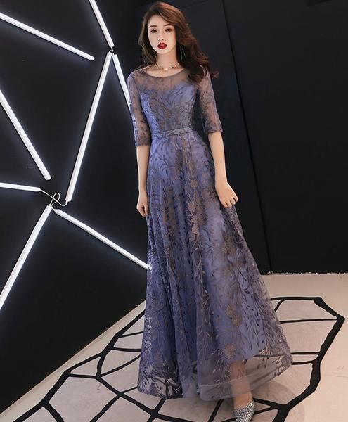 Blue round neck tulle lace long prom dress, lace evening dress cg1611