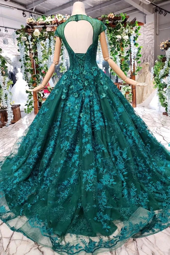 Cap Sleeves Round Neck Open Back Green Lace Prom Dress    cg16147