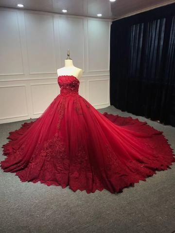Strapless dark red ball gown lace appliques pearls crystals sequins beaded wedding dresses prom dress  cg16159