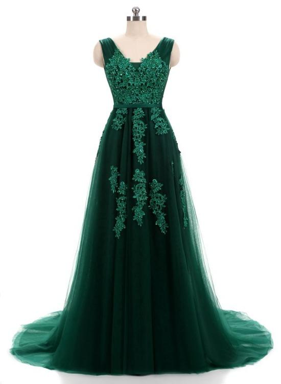 Beautiful Dark Green V-Neckline Backless Party Dress, Tulle Formal Dress Prom Dresses    cg16205