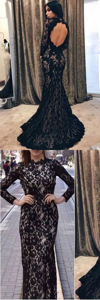 Mermaid Round Neck Open Back Sweep Train Black Lace Prom Dress with Beading   cg16220