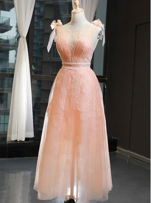 A-Line Orange Tulle Appliques Bateau Pleats Prom Dress With Beading   cg16260