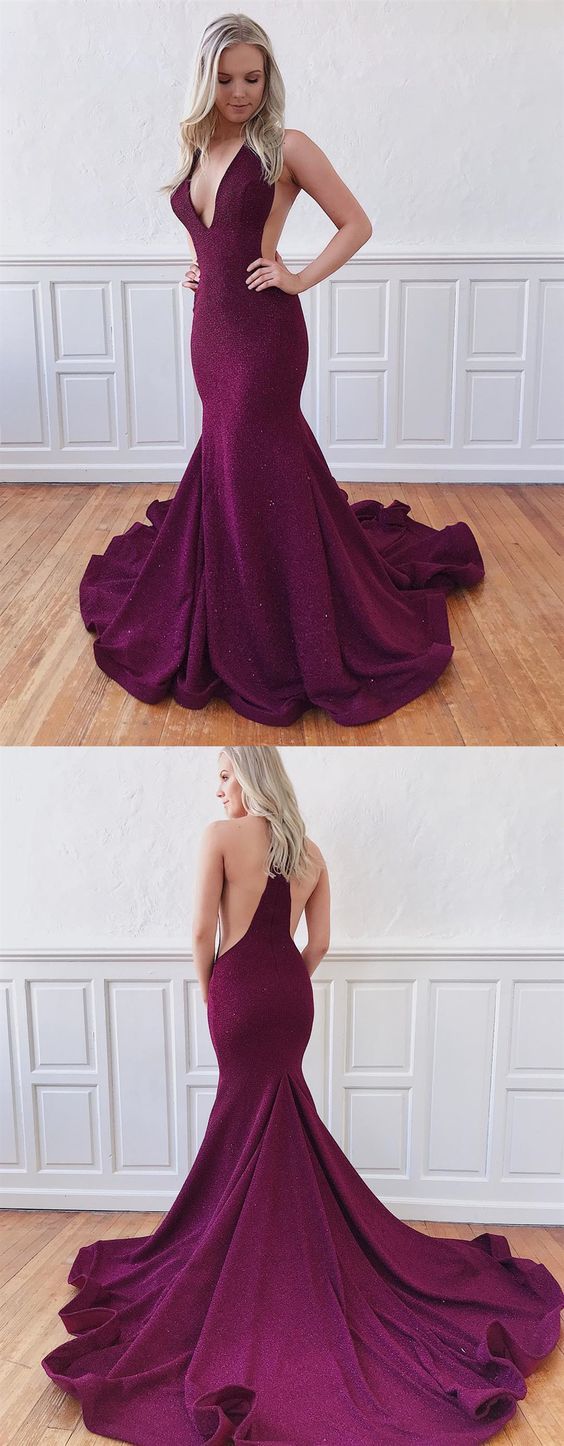 Shiny V Neck Mermaid Open Back Purple Prom Dresses   cg16286