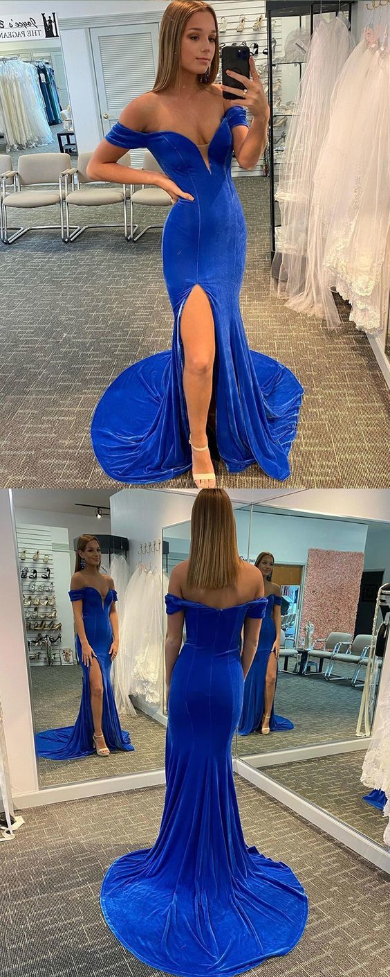 Off the Shoulder Blue Velvet Mermaid Prom Dress with Side Slit   cg16292