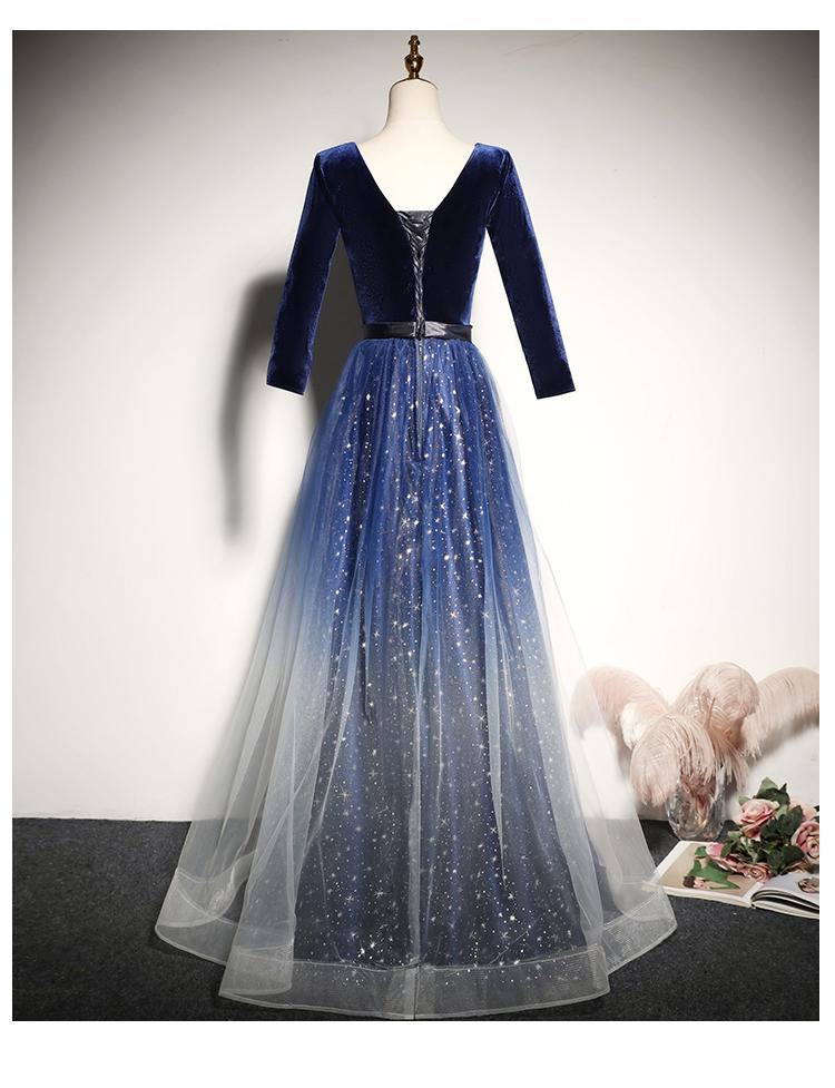 Blue Gradient Tulle With Velvet Long Sleeves Bridesmaid Dress, Long Prom Dress    cg16386