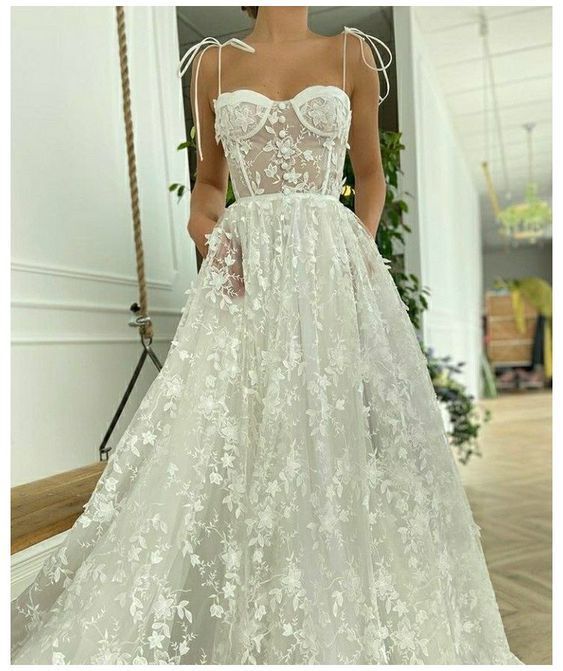 A-line Straps White Lace Prom Dress  cg16453
