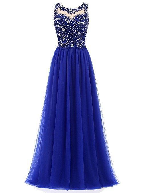 Charming Blue Beaded Tulle Long Party Dress, Round Neckline Prom Dress   cg16497