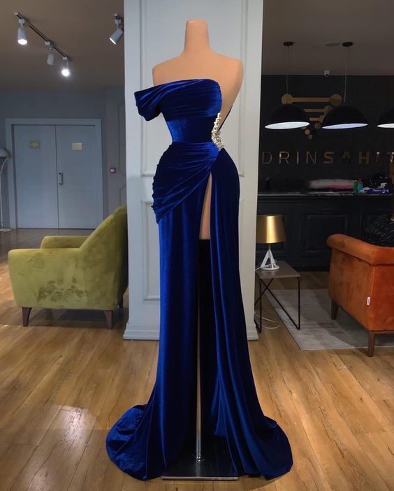 One Shoulder Royal Blue Velvet Evening prom Dress with Slit    cg16533
