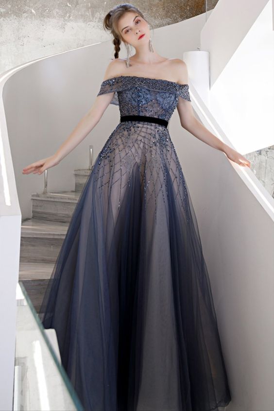 princess off the shoulder navy blue long evening dress prom dress 2021     cg16557